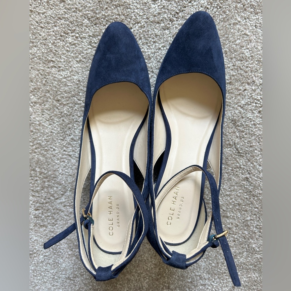 Cole Haan Navy Suede Wedge with Ankle Strap